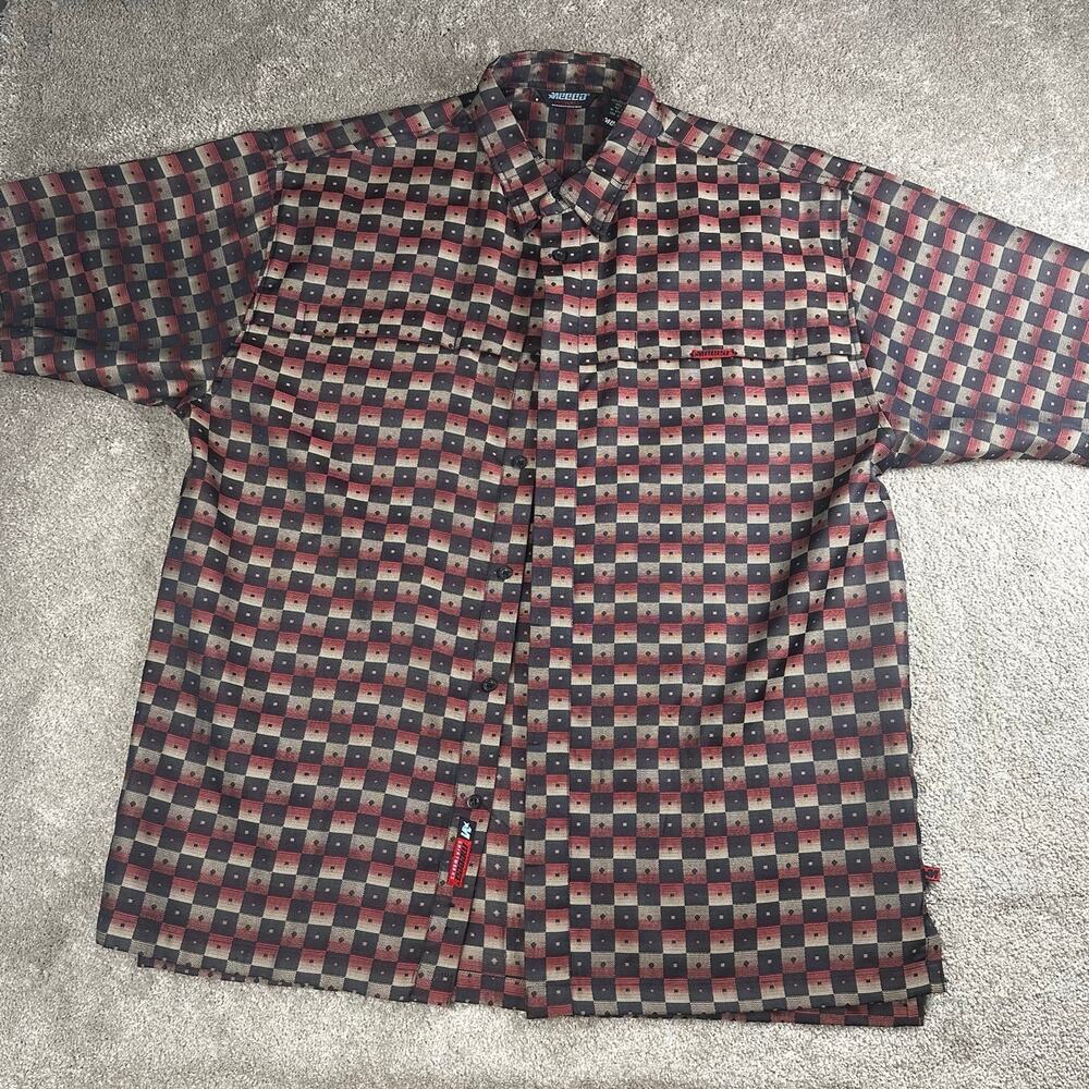Vtg Mecca Shirtworks Plaid Checkered Geometric Short Sleeve Button Up Size XL